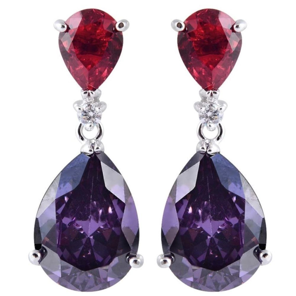 18K White Gold with Ruby Red and Purple Amethyst Cubic Zirconia Post Earrings